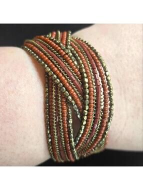 Brassy Gold Tone Terracotta Brown Seed Bead Y2K Braided Cuff Bracelet